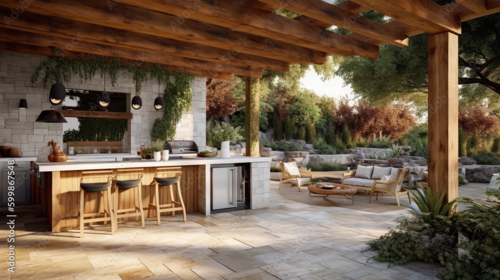 Fototapeta premium A spacious outdoor kitchen with a grill and plenty of seats. Generative AI