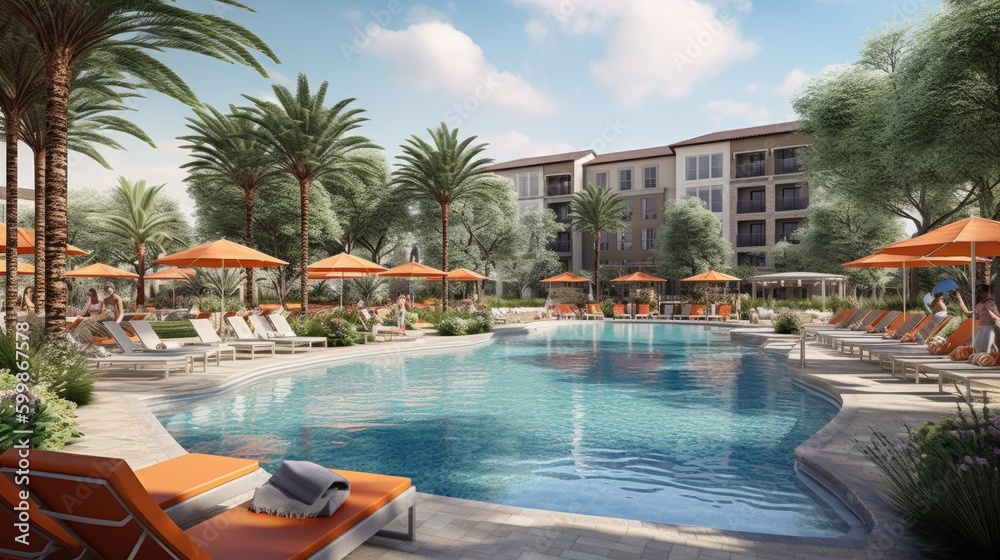 Fototapeta premium A spacious outdoor pool with many lounge seats with umbrellas. Generative AI 