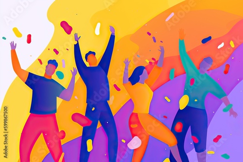 Flat art illustration of people celebrating victory, raising fists with excitement. Generative AI