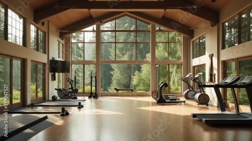 An interior for a gym with gym equipment and large windows. Generative AI  