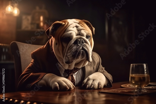 Portrait of bulldog as old mafia boss, gangster wearing vintage suit. Generative AI
