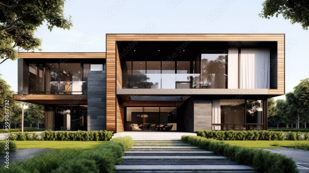 A stunning modern home with large windows. Generative A