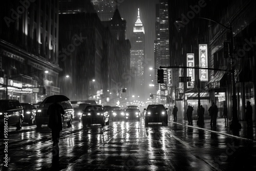 Noir movie, night city street under the rain. Generative AI