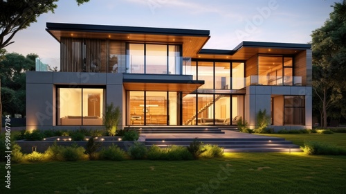 A stunning modern home with large windows and a lush green garden. Generative AI  © Mockup Station