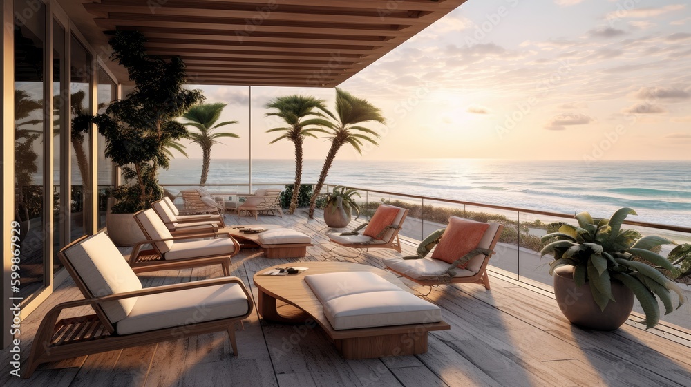 A stunning outdoor patio with a view of the ocean and comfortable seats. Generative AI