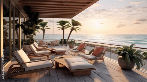 A stunning outdoor patio with a view of the ocean and comfortable seats. Generative AI © Mockup Station