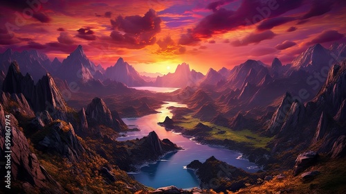 A stunning view of a colorful sunset over a mountain range. Generative AI