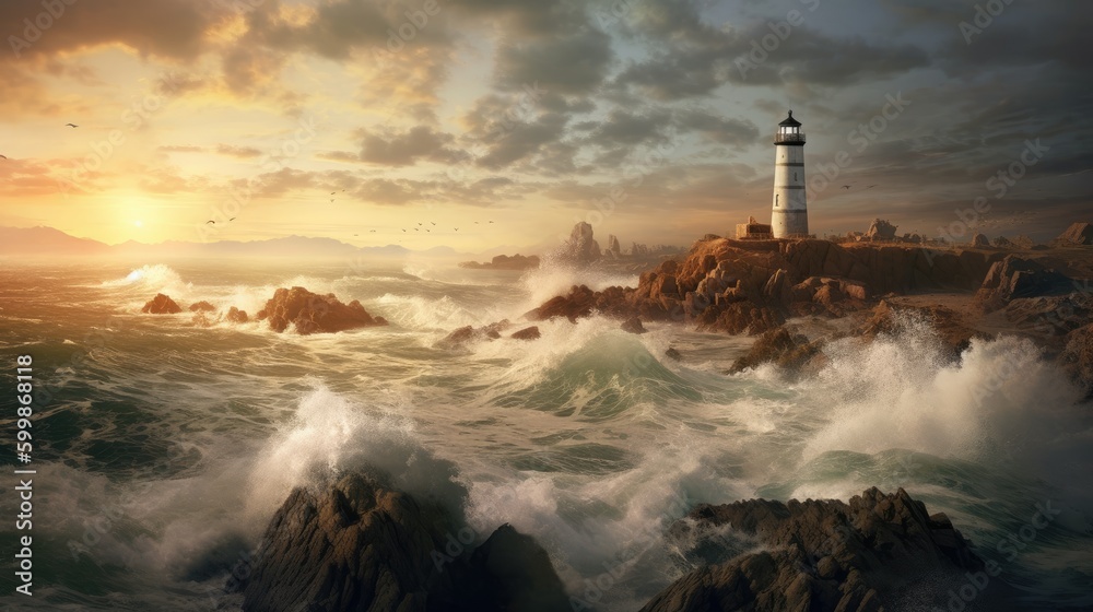 A stunning view of  a rocky beach with crashing waves and a lighthouse at the background. Generative AI 