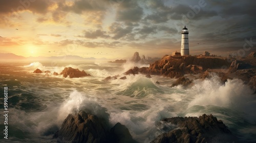 A stunning view of  a rocky beach with crashing waves and a lighthouse at the background. Generative AI 