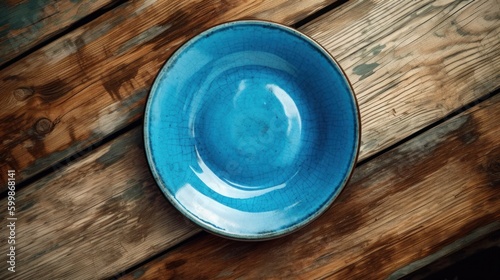 Handcrafted cobalt blue ceramic dinner plate on old wooden table, isolated minimalism, simplistic, top down view - generative AI