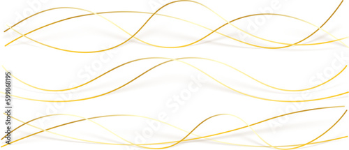 3d wavy gold lines swoosh on white background. Luxury beauty thin curves, swirl as stream flow pattern. Soft geometric shapes as silk fiber or fablic shiny decoration.