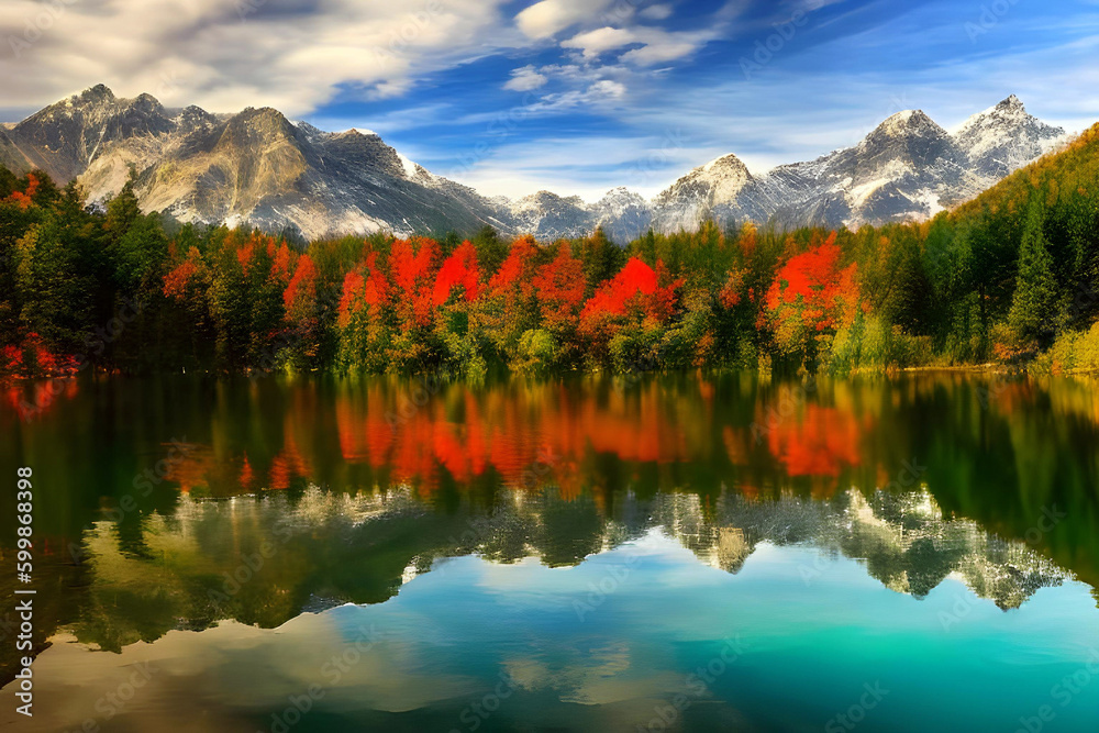 Emerald lakes and mountains in early autumn created with generative AI technology