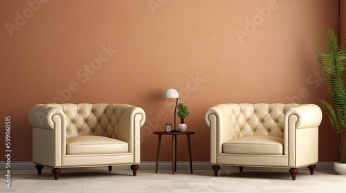 Beautiful living room with two leather armchairs on an empty cream color wall.  Generative AI