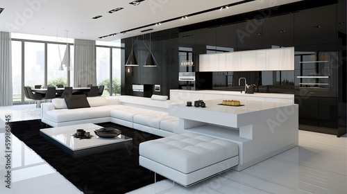 A modern black and white stylish kitchen with a living room. Generative AI 