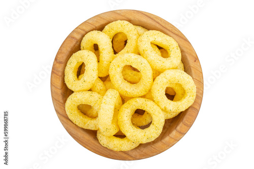 Crispy corn snack in a plate, top view. Traditional snack for beer. Isolated on white background.