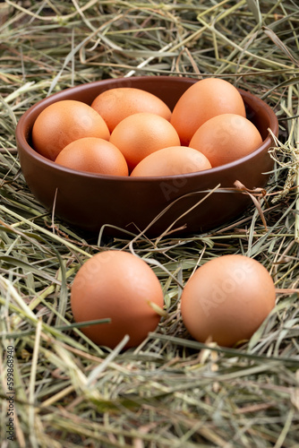 Brown chicken eggs in a bowl on a background of hay. A pair of eggs lies on the hay.