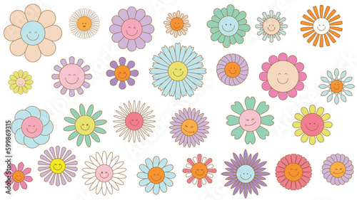 Big set retro vintage daisy flowers. Cute cartoon characters.