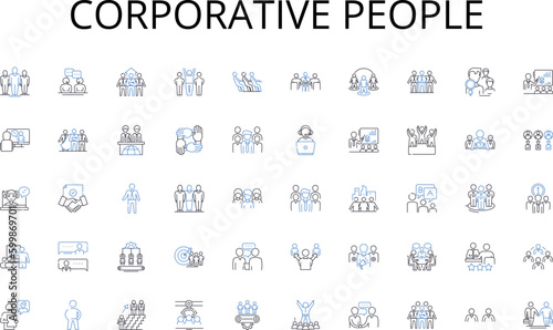 Corporative people line icons collection. Query, Indexing, Ranking, Search, Retrieval, Database, Algorithm vector and linear illustration. Precision,Recall,Relevance outline signs set