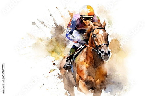 Watercolor illustration of a jockey riding at a gallop on a brown mare, isolated on white background.