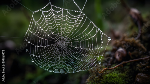 A macro shot of a spider web covered in dewdrops