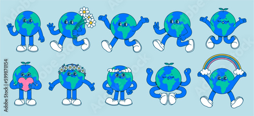 Cartoon mascot earth. Retro 70s comic character earth, walking vintage cute planet, happy globe with heart and flowers, stickers doodle world. Vector set