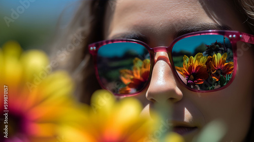 A close up macro abstract illustration of a young woman wearing sunglasses against a selective focus summer flowers background and foreground. A.I. generated.