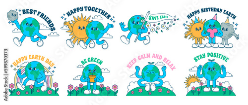 Stickers retro earth. Cartoon sticker retro mascot character walking Earth, save planet, hippy vintage comic sun, moon and flowers, vector set