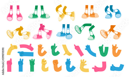 Cartoon hands and leg. Retro color comic leg in sneakers  mascot arm and hand  feet in trainers walking  expression pose  cute doodle gesture. Vector set