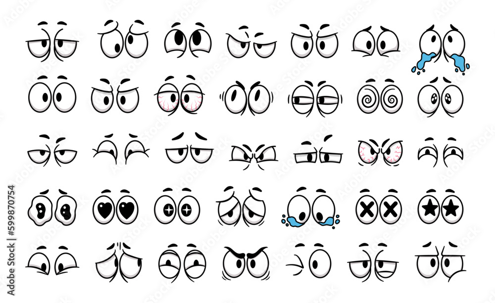 Cartoon eyes. Comic faces people eye and eyebrow expression. Facial emotion character, sad and smile, angry and happy human emotions. Vector set - obrazy, fototapety, plakaty 