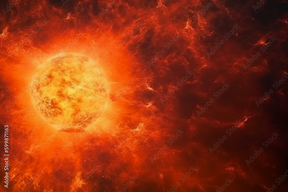 Abstract fancy red orange fire, sun light planet surface, grunge texture, fantasy galaxy background. AI generative