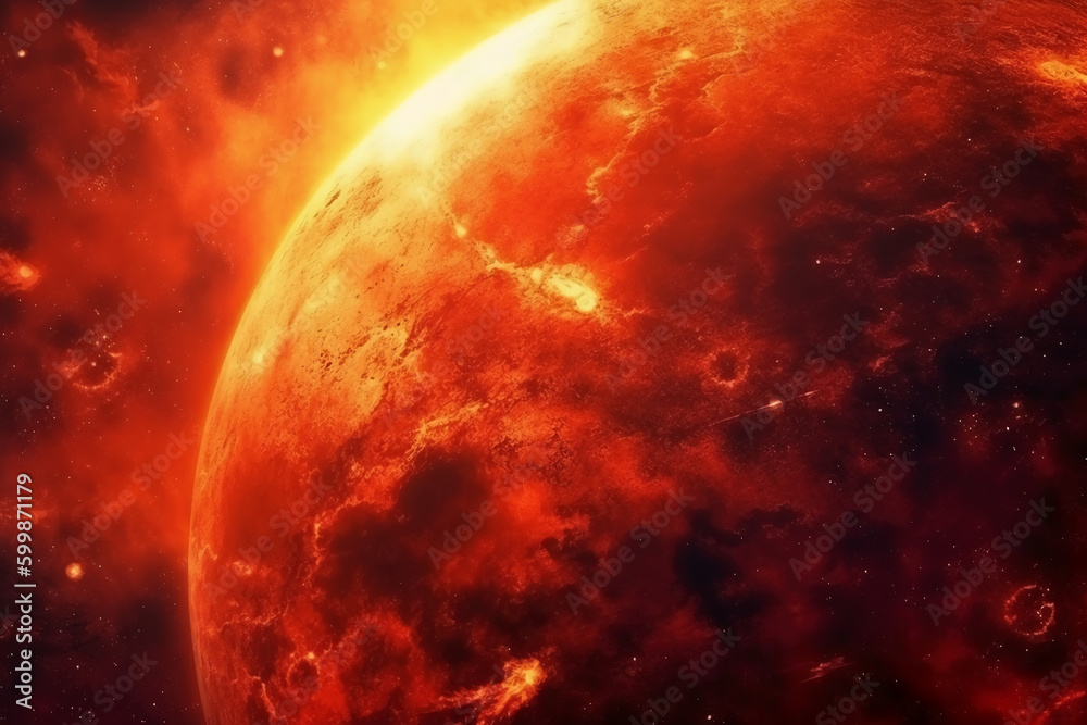 Obraz premium Abstract fancy red orange fire, sun light planet surface, grunge texture, fantasy galaxy background. AI generative