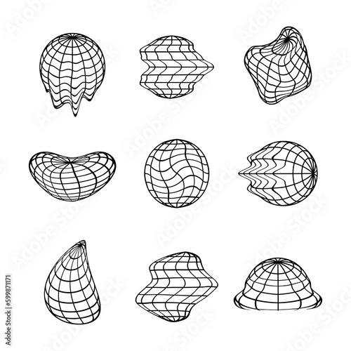 Melting globe. Grid sphere with melt distorted silhouette, warming climate, ecology apocalypse planet symbol. T-shirt Earth design vector set