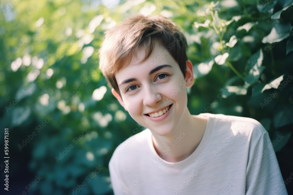 Portrait of a queer person, lesbian, non-binary, androgynous, transgender. Pride month concept. Generative AI. Portrait of a queer person, lesbian, non-binary, androgynous, transgender. Pride month concept. Generative AI.