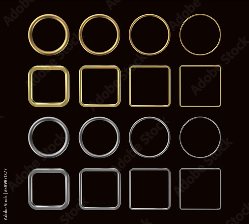 3d golden frames. Circular and square gold and silver shiny border rings, realistic metal simple round and rectangular wedding decoration. Vector set