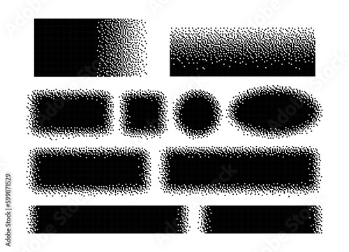 Pixel banners. Digital pixelated header tags. Square, circle and rectangle, ellipse with pixelation fade effect. Grunge pixel vector gradient texture