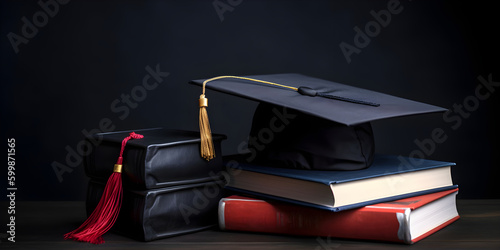 Graduation cap on books. Concept of education, back to school. Generative AI © tynza