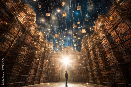 Image of infinite celestial books, with their pages and covers adorned with mystical symbols and cosmic secrets. A universe of knowledge awaits. Generative AI. photo