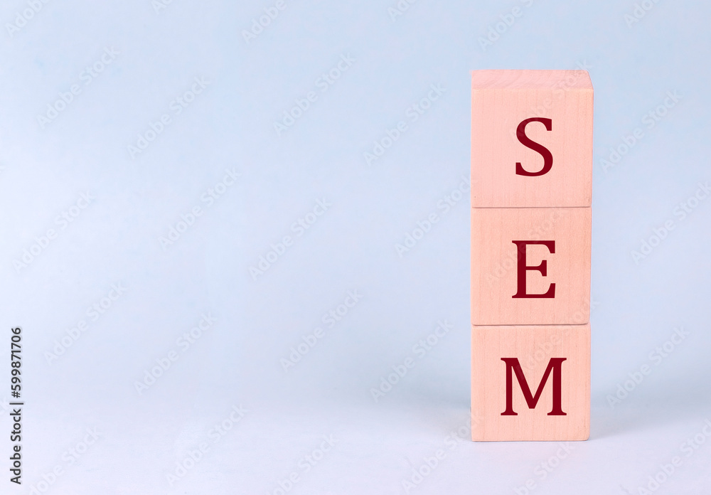 SEM on wooden cubes on a blue background SEM on wooden cubes on a blue background