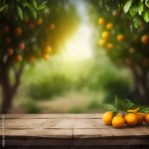 Tangerines or oranges. Tangerine trees in the background. Copy space. Generative AI