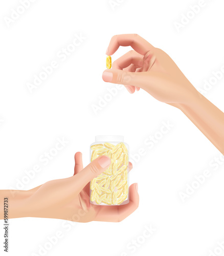 Woman with dietary supplements and vitamin supplements as yellow capsules with white background color. health care with 3D illustration elements.