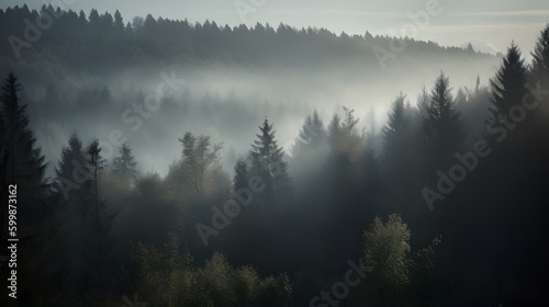 A misty morning with a forest of tall trees shrouded in fog, creating a mysterious and awe-inspiring view. Generative AI