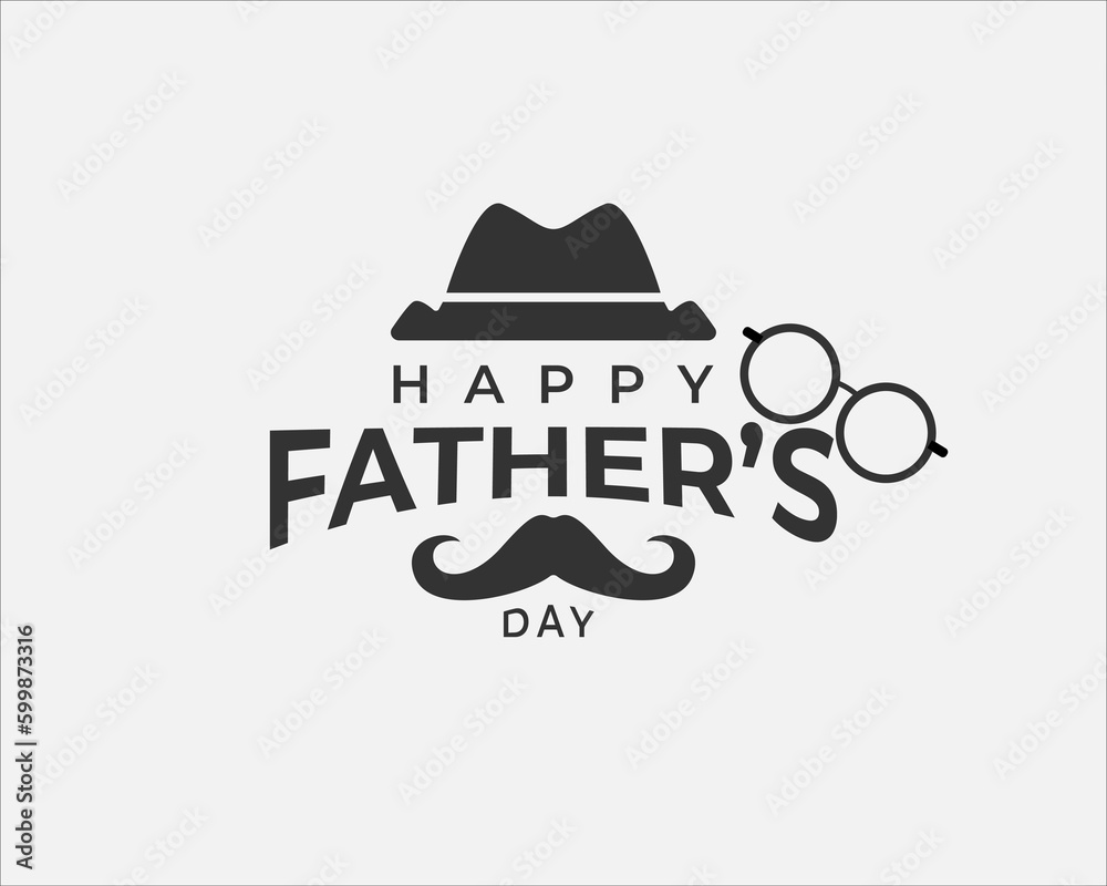 black white typographic Happy Fathers Day greeting. Vector background with doodle hat glasses and mustache