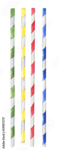 Colorful set of drinking straws. green, yellow, red and blue. Watercolor illustration isolation on transparent.