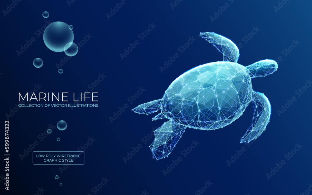 Abstract swimming sea turtle in polygons on technology blue background. Low poly wire frame marine life concept. Polygonal 3D vector illustration. - obrazy, fototapety, plakaty 