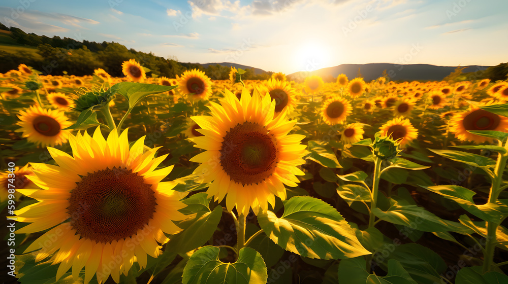 Fototapeta premium A field of sunflowers with their bright yellow petals facing the sun, creating a cheerful and uplifting scenery. Generative AI