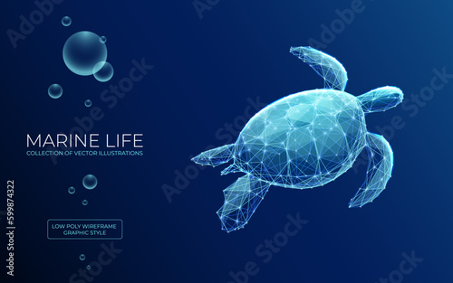 Abstract swimming sea turtle in polygons on technology blue background. Low poly wire frame marine life concept. Polygonal 3D vector illustration.