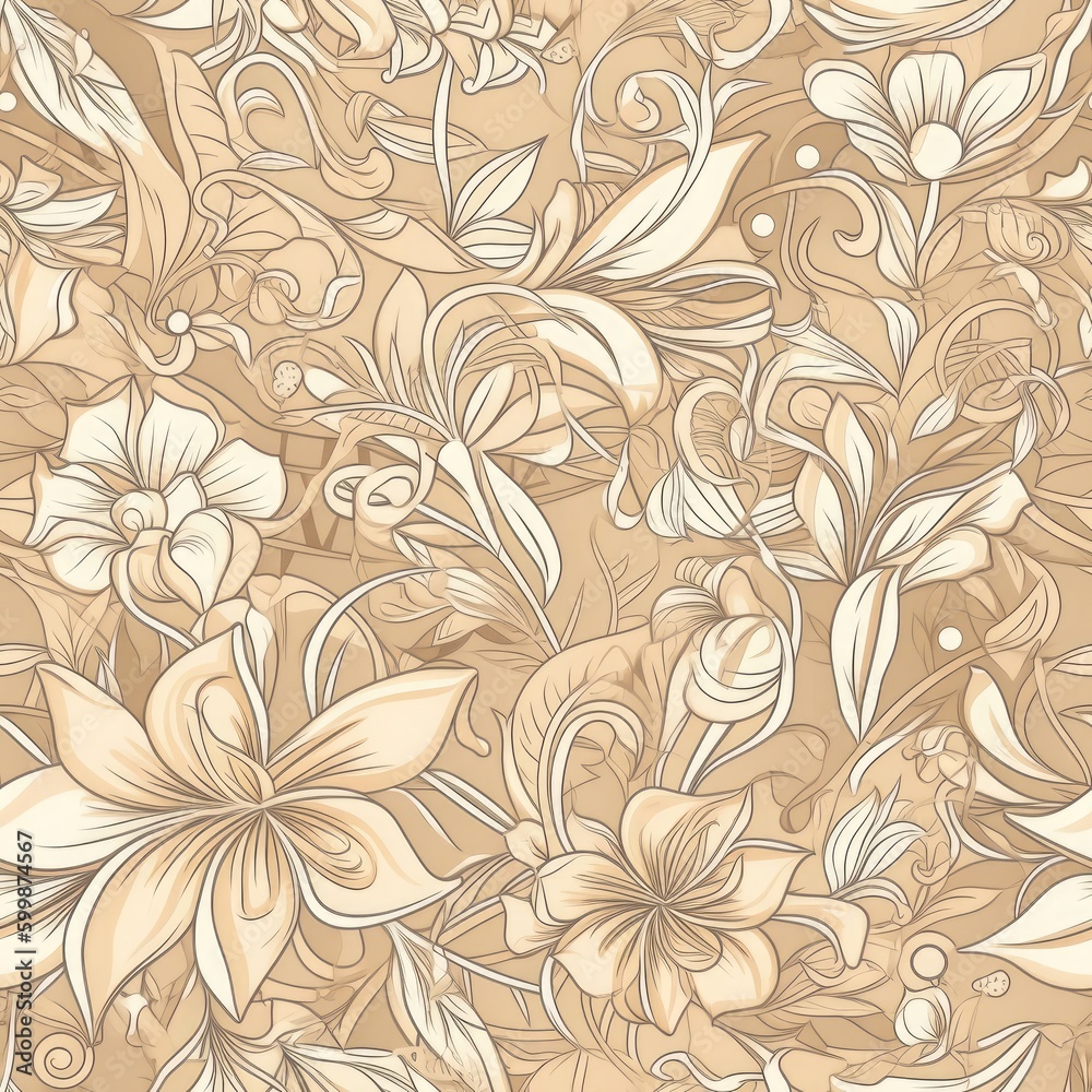 Neutral Floral Harmony: A floral pattern in soft, neutral shades of beige