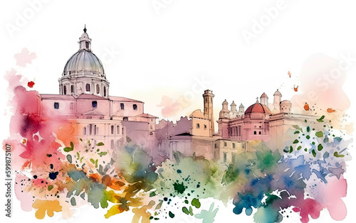 Watercolor illustration design of beautiful flowers over white background with beautiful architecture buildings. Generative AI.
