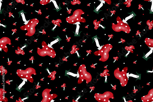 Toadstool Seamless Pattern. Ornament with Mushroom. Vector illustration. Amanita. Fly agaric. Wallpaper and bed linen print.
