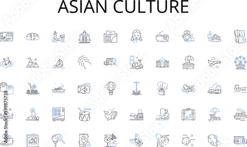 Asian culture line icons collection. Music, Movies, Television, Gaming, Sports, Theater, Comedy vector and linear illustration. Circus,Magic,Opera outline signs set photo